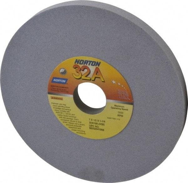 Norton - 7" Diam x 1-1/4" Hole x 1/2" Thick, J Hardness, 100 Grit Surface Grinding Wheel - Aluminum Oxide, Type 1, Fine Grade, 3,600 Max RPM, Vitrified Bond, No Recess - All Tool & Supply