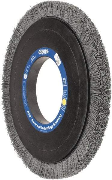 Osborn - 14" OD, 5-1/4" Arbor Hole, Crimped Nylon Wheel Brush - 1" Face Width, 1-1/4" Trim Length, 0.04" Filament Diam, 1,800 RPM - All Tool & Supply