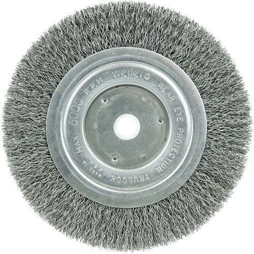 ‎6″ Narrow Face Crimped Wire Wheel, Short Trim, .014″ Steel Fill, 5/8″-1/2″ Arbor Hole - All Tool & Supply