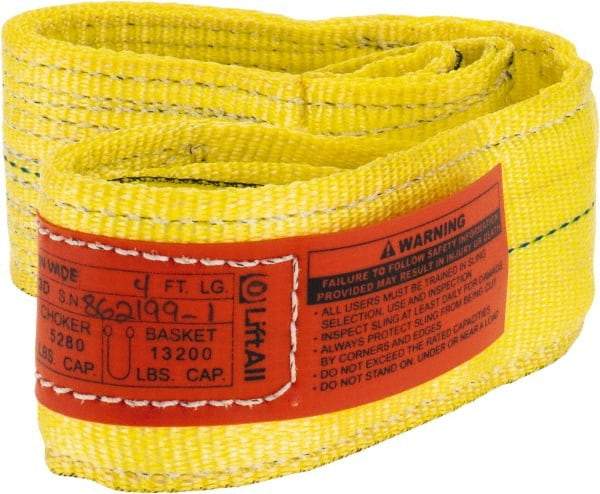 Lift-All - 4' Long x 3" Wide, 6,600 Lb Vertical Capacity, 2 Ply, Nylon Web Sling - 5,200 Lb Choker Capacity, Yellow - All Tool & Supply