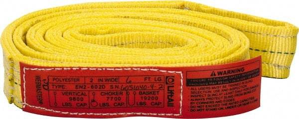 Lift-All - 6' Long x 2" Wide, 9,600 Lb Vertical Capacity, 2 Ply, Nylon Web Sling - 7,700 Lb Choker Capacity, Yellow - All Tool & Supply