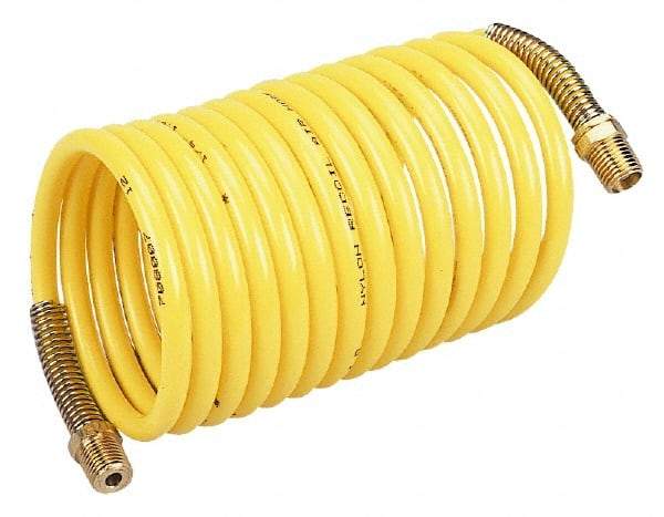 Coilhose Pneumatics - 3/8" ID, 3/8 Thread, 25' Long, Yellow Nylon Coiled & Self Storing Hose - 165 Max psi, Male Rigid x Male Swivel - All Tool & Supply