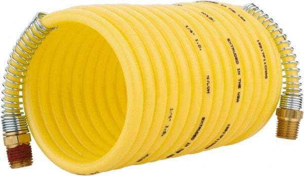 Coilhose Pneumatics - 1/4" ID, 1/4 Thread, 12' Long, Yellow Nylon Coiled & Self Storing Hose - 185 Max psi, Male Rigid x Male Swivel - All Tool & Supply