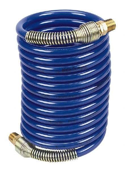 Coilhose Pneumatics - 1/4" ID, 1/4 Thread, 12' Long, Blue Nylon Coiled & Self Storing Hose - 220 Max psi, Male Swivel x Male Swivel - All Tool & Supply