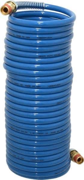 Coilhose Pneumatics - 1/4" ID, 1/4 Thread, 25' Long, Blue Nylon Coiled & Self Storing Hose - 220 Max psi, Male Swivel x Male Swivel - All Tool & Supply