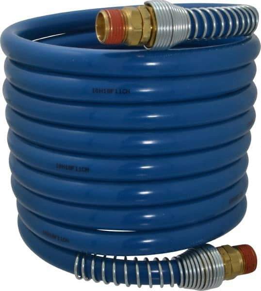 Coilhose Pneumatics - 3/8" ID, 3/8 Thread, 12' Long, Blue Nylon Coiled & Self Storing Hose - 230 Max psi, Male Swivel x Male Swivel - All Tool & Supply