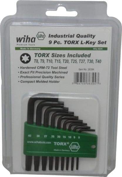 Wiha - 9 Piece T8 to T40 L-Key Short Arm Torx Key Set - T8, T9, T10, T15, T20, T25, T27, T30, T40 Torx Size - All Tool & Supply