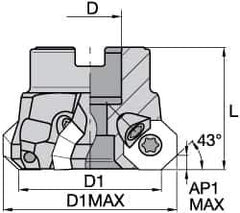 Kennametal - 4" Cut Diam, 1-1/4" Arbor Hole, 5mm Max Depth of Cut, 43° Indexable Chamfer & Angle Face Mill - 8 Inserts, OF.T64 Insert, Right Hand Cut, 8 Flutes, Through Coolant, Series KSOM - All Tool & Supply