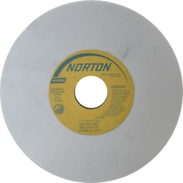 Norton - 7" Diam x 1-1/4" Hole x 1/2" Thick, J Hardness, 120 Grit Surface Grinding Wheel - Aluminum Oxide, Type 1, Fine Grade, 3,600 Max RPM, Vitrified Bond, No Recess - All Tool & Supply