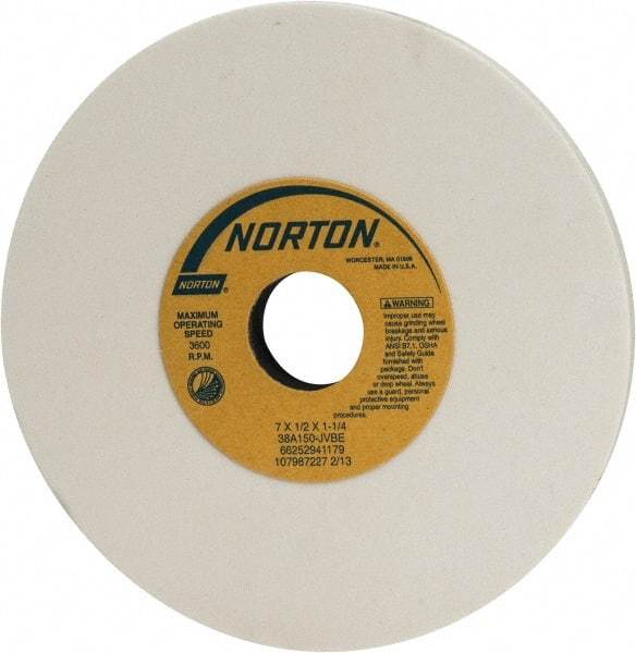 Norton - 7" Diam x 1-1/4" Hole x 1/2" Thick, J Hardness, 150 Grit Surface Grinding Wheel - Aluminum Oxide, Type 1, Very Fine Grade, 3,600 Max RPM, Vitrified Bond, No Recess - All Tool & Supply