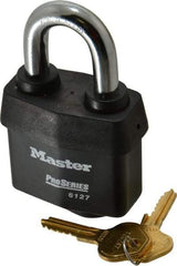 Master Lock - 1-3/8" Shackle Clearance, Keyed Different Padlock - 7/8" Shackle Width, 7/16" Shackle Diam, Laminated Steel - All Tool & Supply