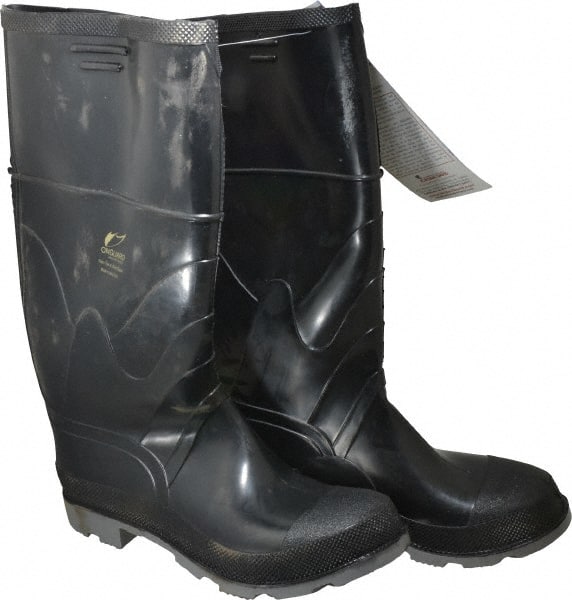 Work Boot: Size 10, 16″ High, Polyurethane, Plain Toe Black & Gray, Medium Width, Non-Slip Sole