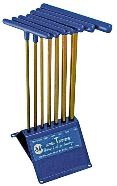 Made in USA - 7 Piece T-Handle Hex Key Set - Hex Range 2 to 8mm, 13" OAL, Chromalloy Steel - All Tool & Supply