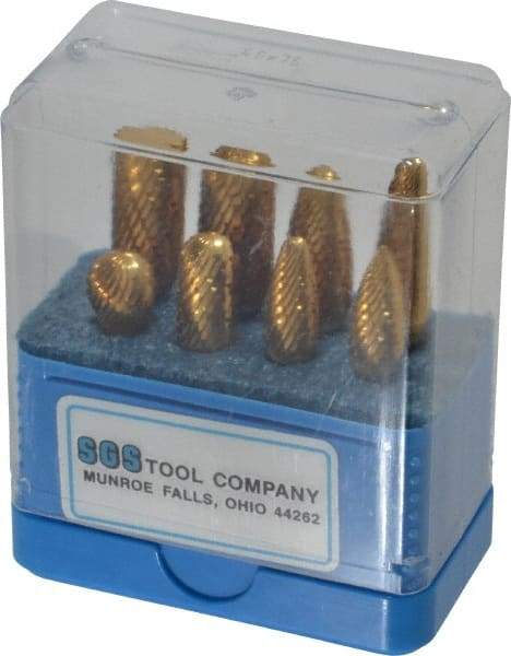 SGS Pro - 8 Piece, 1/4" Shank Burr Set - Tungsten Carbide, Multiple Head Shapes, 14° Included Angle - All Tool & Supply