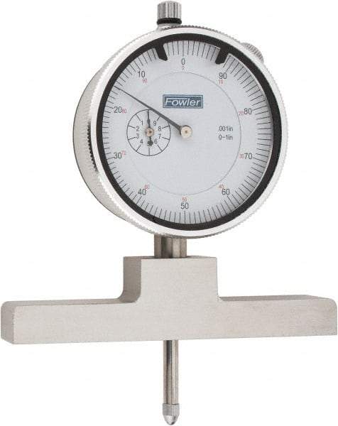 Fowler - 0 to 22 Inch Range, Steel, White Dial Depth Gage - 0.001 Inch Graduation, 0.001 Inch Accuracy, 1 Inch Travel, 4 Inch Base Measuring Length - All Tool & Supply