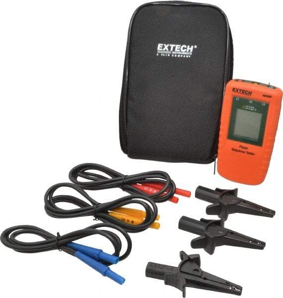 Extech - 3 Phase, 40 to 600 VAC, 15 to 400 Hz, 32 to 104°F, LCD Display Phase Rotation Tester - No Battery Required, Includes Alligator Clips, Test Leads, CAT III 600 V, CE, EN 61010-1 - All Tool & Supply