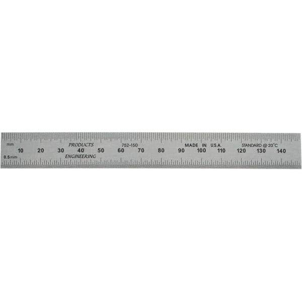 PEC Tools - 150mm Long, 0.5, 1mm Graduation, Rigid Steel Rule - Metric Graduation Style, 3/4" Wide, Silver, Satin Chrome Finish - All Tool & Supply