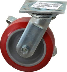 E.R. Wagner - 6" Diam x 2" Wide x 7-1/2" OAH Top Plate Mount Swivel Caster with Brake - Polyurethane, 900 Lb Capacity, Roller Bearing, 4 x 4-1/2" Plate - All Tool & Supply