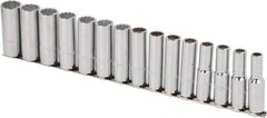 Proto - 15 Piece 1/2" Drive Chrome Finish Deep Well Socket Set - 12 Points, 10mm to 24mm Range, Metric Measurement Standard - All Tool & Supply