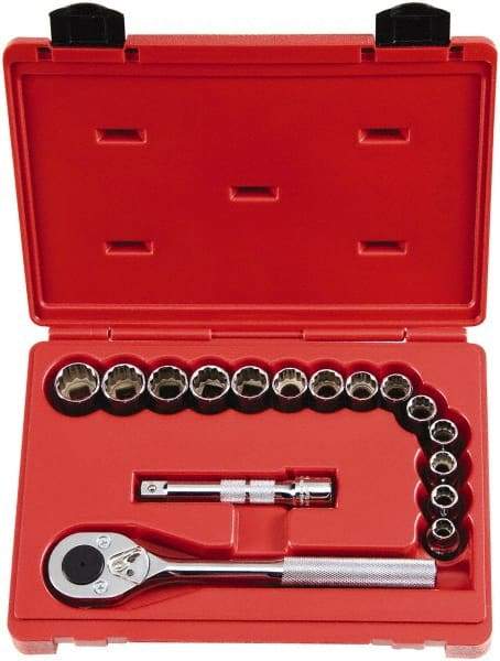 Proto - 16 Piece 1/2" Drive Chrome Finish Socket Set - 12 Points, 10mm to 23mm Range, Metric Measurement Standard - All Tool & Supply