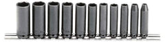 Proto - 11 Piece 1/4" Drive Black Finish Deep Well Impact Socket Set - 6 Points, 5mm to 15mm Range, Metric Measurement Standard - All Tool & Supply