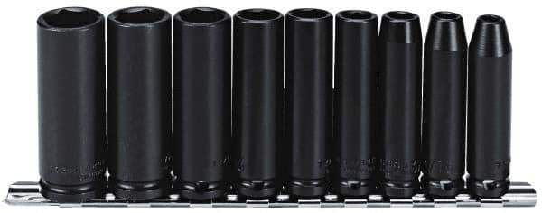 Proto - 9 Piece 3/8" Drive Black Finish Deep Well Impact Socket Set - 6 Points, 1/4" to 3/4" Range, Inch Measurement Standard - All Tool & Supply