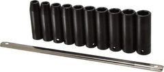 Proto - 10 Piece 1/2" Drive Black Finish Deep Well Impact Socket Set - 6 Points, 10mm to 19mm Range, Metric Measurement Standard - All Tool & Supply