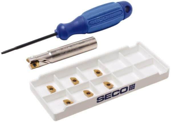 Seco - 1/2" Cut Diam, 0.197" Max Depth of Cut, 1/2" Shank Diam, 2.362" OAL, Indexable Square Shoulder End Mill - XO.X 0602 Inserts, Cylindrical Shank, 90° Lead Angle, Through Coolant, Series Nano Turbo - All Tool & Supply