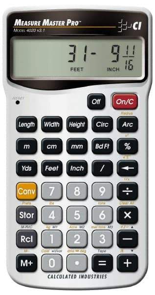 Calculated Industries - 11-Digit (7 normal, 4 Fractions) with Full Annunciators 30 Function Handheld Calculator - 5/8" x 2-1/2" (15.88mm x 63.5mm) Display Size, Silver, LR-44/A76 Powered, 7" Long x 5" Wide x 1" High - All Tool & Supply