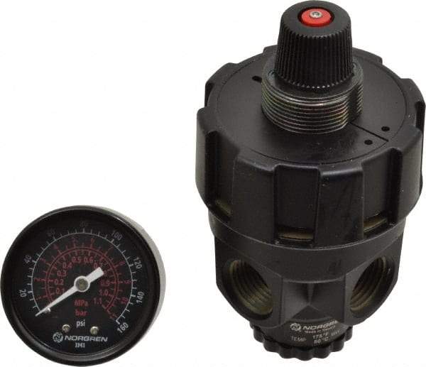 Norgren - 1/2 NPT Port, Zinc Hi-Flow Regulator - 10 to 125 psi Range, 300 Max psi Supply Pressure, 1/2" Gauge Port Thread, 2.7" Wide x 4.83" High - All Tool & Supply