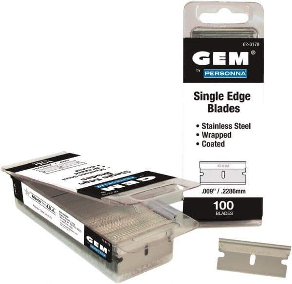 GEM - 100 Piece Stainless Steel Single Edge Blade - 1-1/2" OAL, 0.009" Blade Thickness - All Tool & Supply