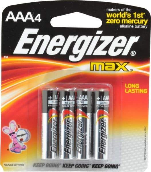 Energizer - Size AAA, Alkaline, 4 Pack, Standard Battery - 1.5 Volts, Button Tab Terminal, LR03, ANSI, IEC Regulated - All Tool & Supply