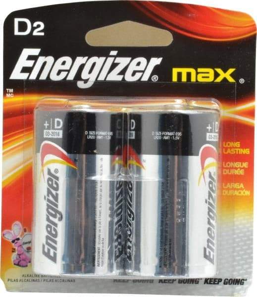 Energizer - Size D, Alkaline, 2 Pack, Standard Battery - 1.5 Volts, Flat Terminal, LR20, ANSI, IEC Regulated - All Tool & Supply