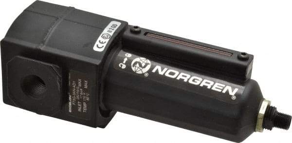 Norgren - 3/8" Port, 7.15" High x 2.68" Wide Intermediate Filter with Metal Bowl, Automatic Drain - 65 SCFM, 250 Max psi, 150°F Max Temp, Sight Glass Included, Modular Connection, 3.5 oz Bowl Capacity - All Tool & Supply