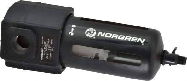 Norgren - 1/2" Port, 7.95" High x 3.15" Wide Standard Filter with Polycarbonate Bowl, Manual Drain - 140 SCFM, 150 Max psi, 125°F Max Temp, Modular Connection, Bowl Guard, 7 oz Bowl Capacity - All Tool & Supply