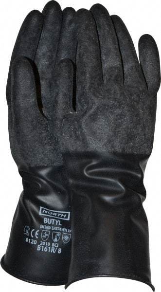 North - Size M (8), 11" Long, 16 mil Thick, Butyl Chemical Resistant Gloves - Textured Finish, Rolled Cuff, Black - All Tool & Supply