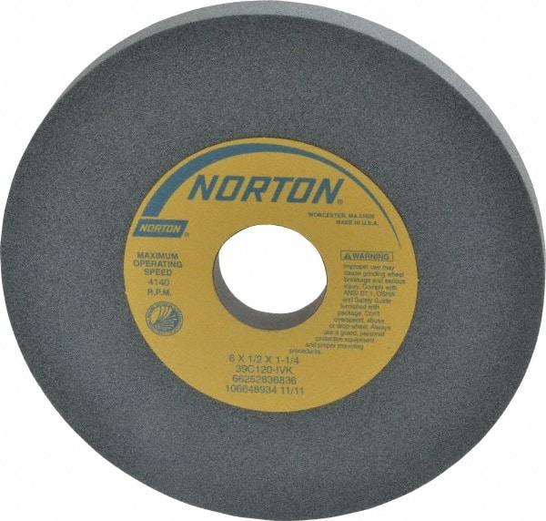 Norton - 6" Diam x 1-1/4" Hole x 1/2" Thick, I Hardness, 120 Grit Surface Grinding Wheel - Silicon Carbide, Type 1, Fine Grade, 4,140 Max RPM, Vitrified Bond, No Recess - All Tool & Supply