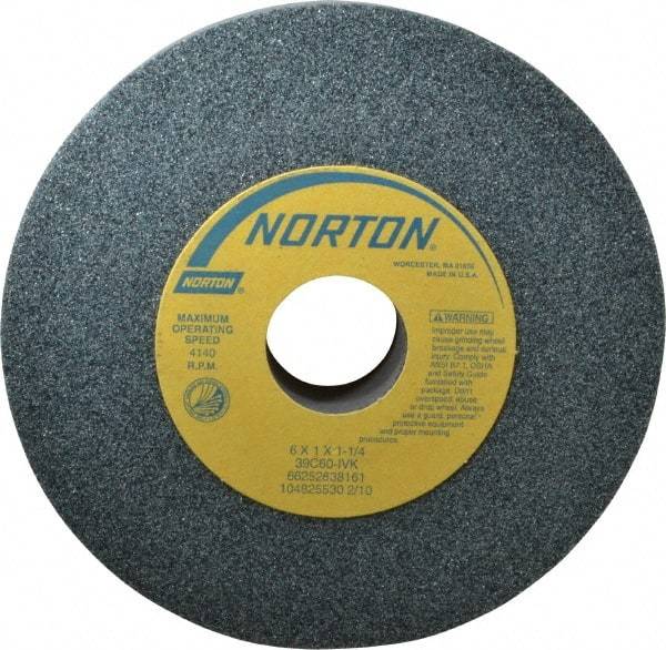 Norton - 6" Diam x 1-1/4" Hole x 1" Thick, I Hardness, 60 Grit Surface Grinding Wheel - Silicon Carbide, Type 1, Medium Grade, 4,140 Max RPM, Vitrified Bond, No Recess - All Tool & Supply