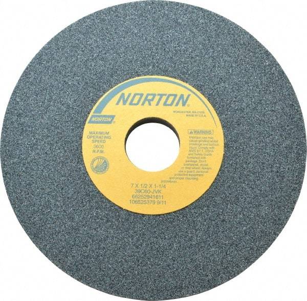 Norton - 7" Diam x 1-1/4" Hole x 1/2" Thick, J Hardness, 60 Grit Surface Grinding Wheel - Silicon Carbide, Type 1, Medium Grade, 3,600 Max RPM, Vitrified Bond, No Recess - All Tool & Supply