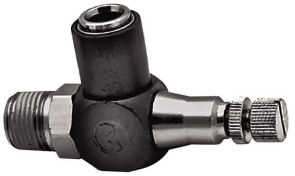 Norgren - 1/2" Tube Inlet x 1/2" NPTF Outlet Right Angle Adjustable Flow Control Valve - 5 to 150 psi, Needle Valve & Thermoplastic Material - All Tool & Supply