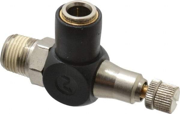 Norgren - 3/8" Tube Inlet x 3/8" NPTF Outlet Right Angle Adjustable Flow Control Valve - 5 to 150 psi, Needle Valve & Thermoplastic Material - All Tool & Supply