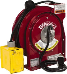 Reelcraft - 12 AWG, 45' Cable Length, Cord & Cable Reel with Duplex GFCI Outlet Box End - 2 Outlets, NEMA 5-20R, 20 Amps, 125 Volts, SJEOOW Cable, Red Reel - All Tool & Supply