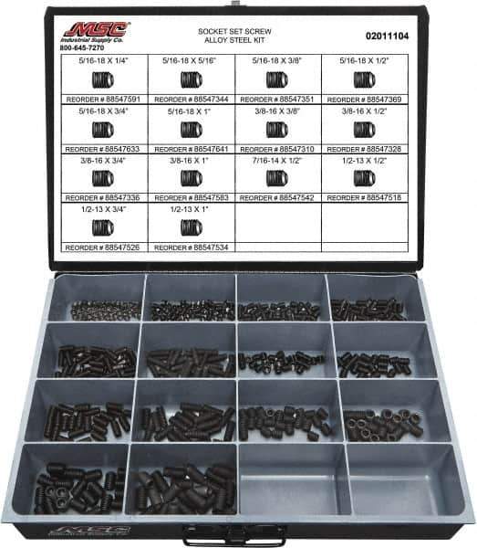 Value Collection - 500 Piece, 5/16 to 1/2, Steel Set Screw Assortment - Socket Cap Head, Hex Socket Drive, 1 to 3/4" Long - All Tool & Supply