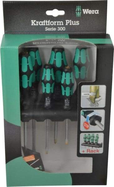 Wera - 6 Piece Phillips & Slotted Screwdriver Set - Hex with Bolster Shank, Kraftform Ergonomic Handle, Bit Sizes: Philips #1 & #2, Tip Thickness: 9/64, 5/32, 7/32 & 1/4 - All Tool & Supply