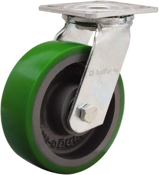 Hamilton - 6" Diam x 2" Wide x 7-1/2" OAH Top Plate Mount Swivel Caster - Polyurethane Mold onto Cast Iron Center, 1,200 Lb Capacity, Sealed Precision Ball Bearing, 4 x 4-1/2" Plate - All Tool & Supply