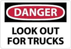 NMC - "Danger - Look Out for Trucks", 10" Long x 14" Wide, Rigid Plastic Safety Sign - Rectangle, 0.05" Thick, Use for Accident Prevention - All Tool & Supply