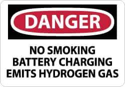 NMC - "Danger - No Smoking - Battery Charging Emits Hydrogen Gas", 10" Long x 14" Wide, Rigid Plastic Safety Sign - Rectangle, 0.05" Thick, Use for Accident Prevention - All Tool & Supply