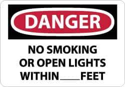 NMC - "Danger - No Smoking or Open Lights Within____feet", 10" Long x 14" Wide, Aluminum Safety Sign - Rectangle, 0.04" Thick, Use for Accident Prevention - All Tool & Supply