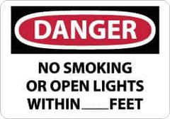 NMC - "Danger - No Smoking or Open Lights Within____feet", 10" Long x 14" Wide, Aluminum Safety Sign - Rectangle, 0.04" Thick, Use for Accident Prevention - All Tool & Supply