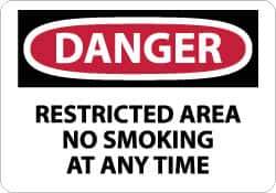 NMC - "Danger - Restricted Area - No Smoking at Any Time", 10" Long x 14" Wide, Rigid Plastic Safety Sign - Rectangle, 0.05" Thick, Use for Accident Prevention - All Tool & Supply